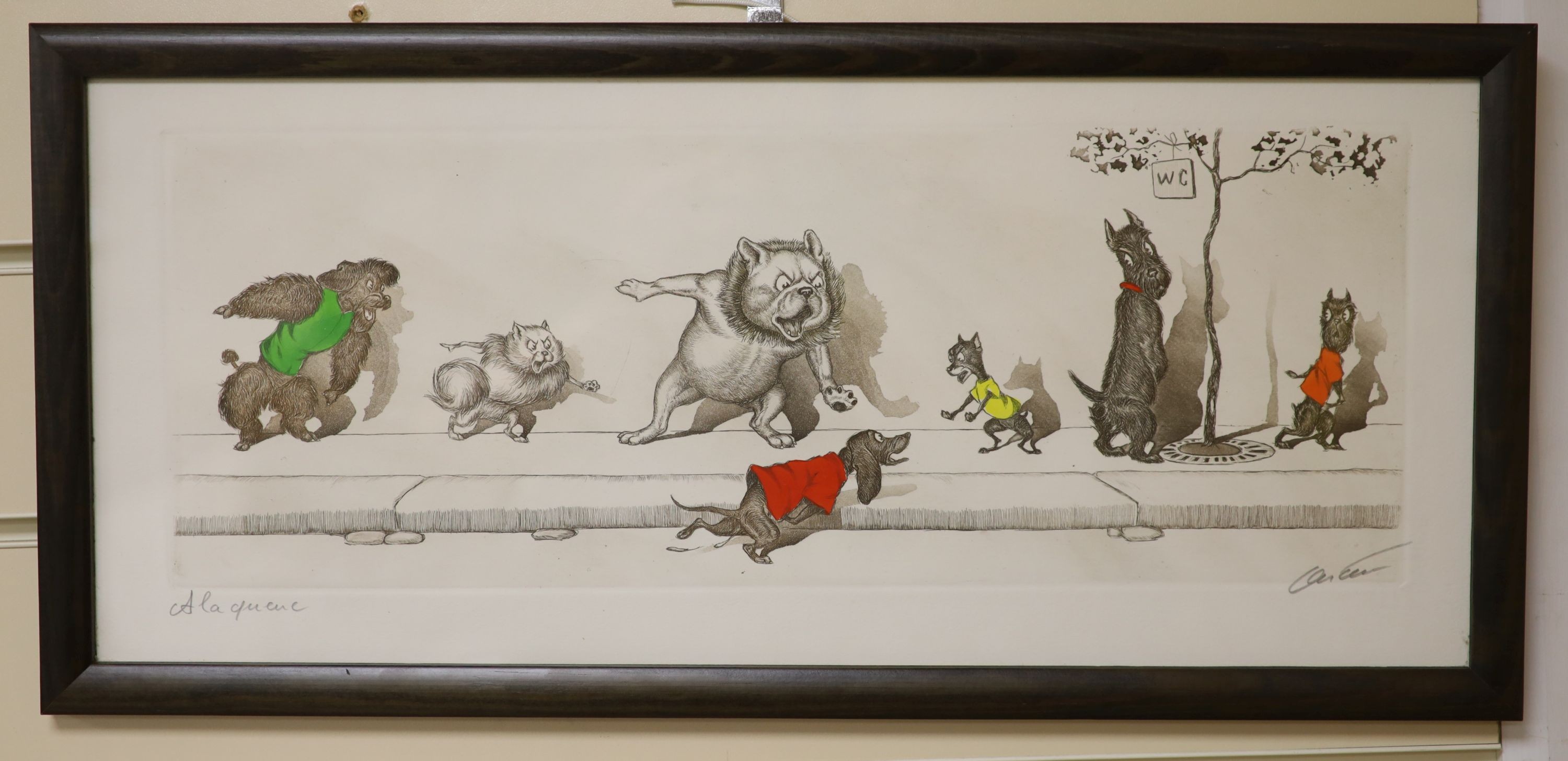Boris O'Klein, coloured etching, 'A La Queue', signed, 20 x 49cm.